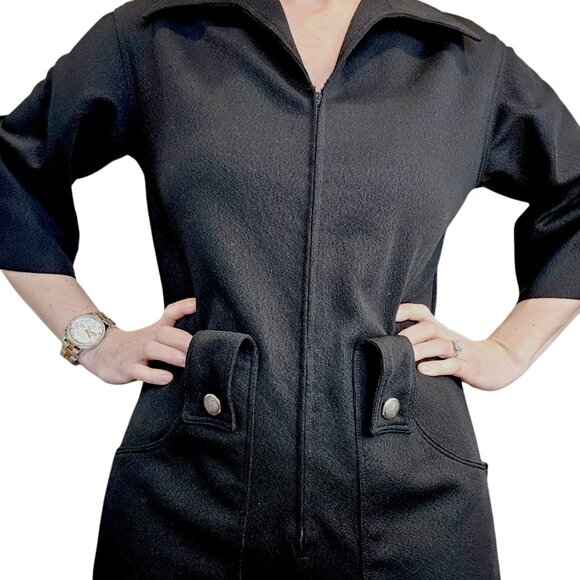 70s Womens Jumpsuit Black Wide Leg Zipup Polyester Disco Bellbottom Sz M 8 10 - Picture 3 of 12